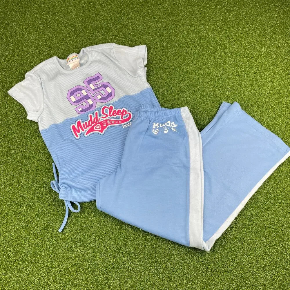 Mudd Sleep Girls Blue Short Sleeve Side Cinch Ribbed Pajama Pants Set Sz 10